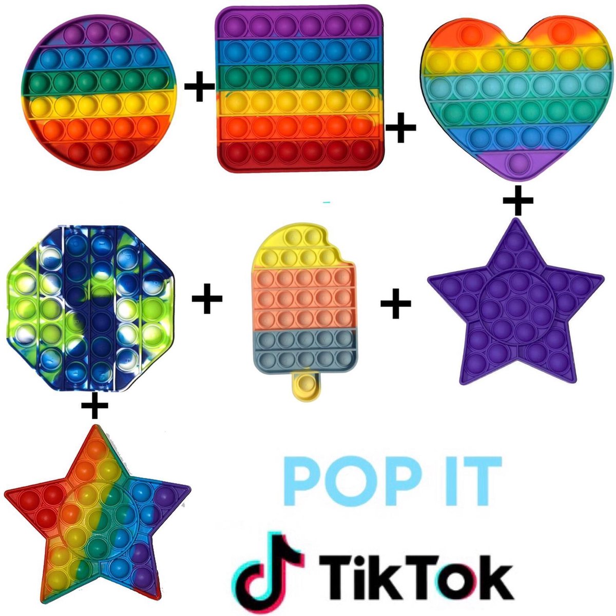 Pop it fidget toys | toy pakket set van 7 in 1 regenboog rond + regenboog vierkant + regenboog hartje + Achthoek camouflage + regenboog ijsje + ster paars + regenboog ster | Tiktok trend 2021 | Anti stress